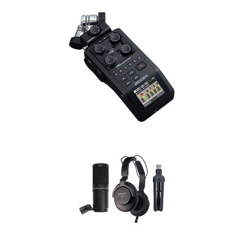 Zoom H6 All Black Podcast Mic Kit with Handy Recorder, Mic, Headphones & Stand